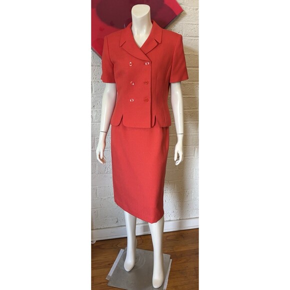 Le Suit Orange  Skirt Suit Double  Breasted Short Sleeve Size 14 Church Power - Picture 1 of 13
